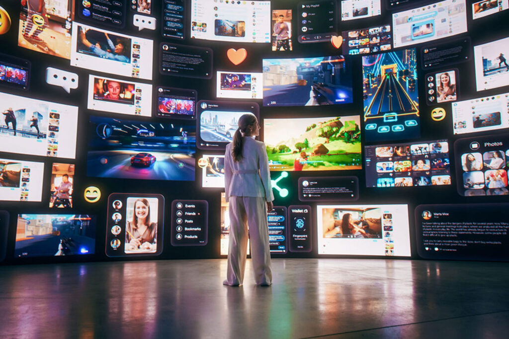 Woman standing in front of multiple digital screens representing social media and online visibility, illustrating personal branding tips for building a strong online presence.